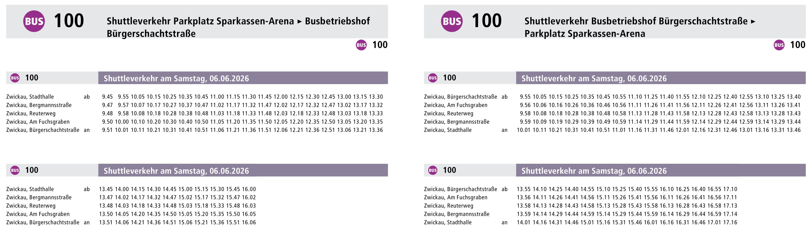 Fahrplan Shuttleverkehr